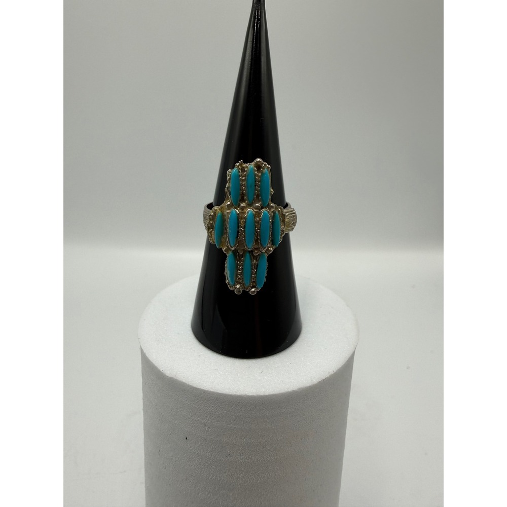 Vintage Southwestern Silver Tone Faux Turquoise Cluster Adjustable Ring Size 7.5